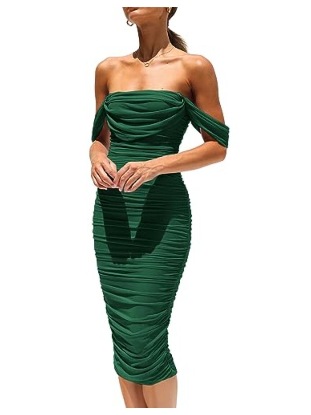Off Shoulder Bodycon Midi Dress Ruched Sleeveless Cocktail Party